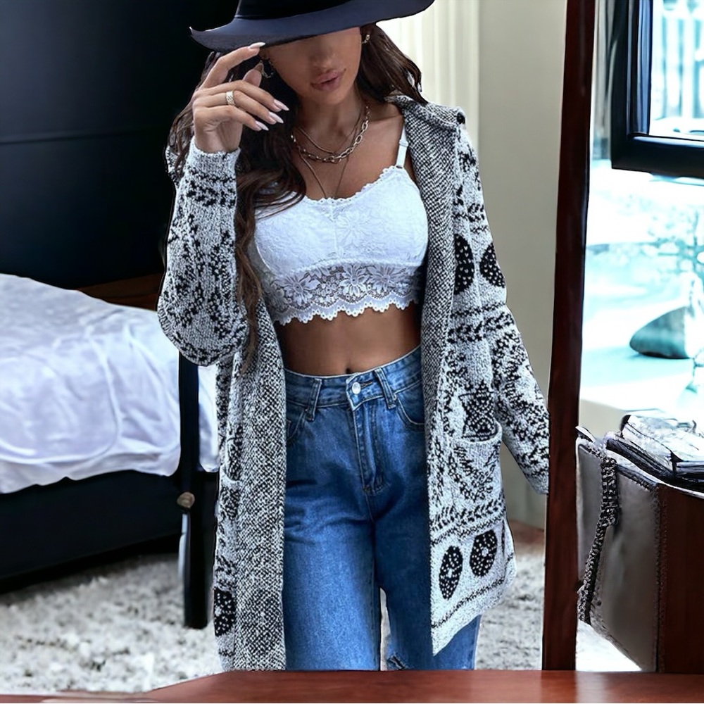 Floral Pattern Cardigan with Hood